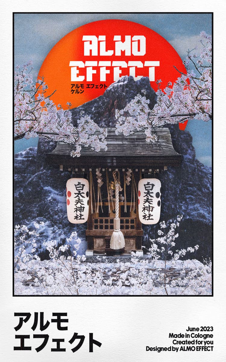 In front of a blue cloudy sky, a big mountain and a red sun is shown. In front of the mountain a japanese temple with two lanterns with black letters and red accents are above a ancient stone podium is presented. The whole scenery is wrapped in a 70s like movie poster with ‘ALMO EFFECT’ written in japenese letters and some other text around it. There is also ‘ALMO EFFECT’ written in latin letters as well as ‘COLOGNE’ in japanese ones right before the red sun.