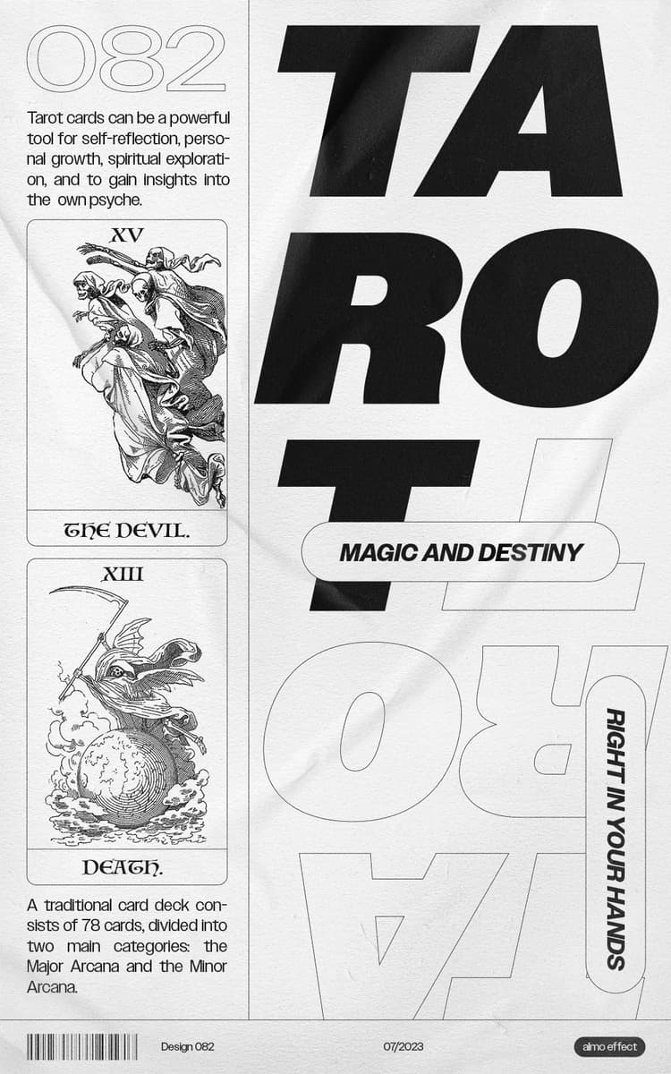 On a pasted poster with smaller folds is first written in large letters 'TAROT', the word going over several lines and repeated simultaneously on the head below. To the left of this, in a separate side panel, is the number '082', as well as two stylized tarot cards, Death and the Devil. Below that is a footer titled 'ALMO EFFECT' and several explanatory texts about tarot cards.