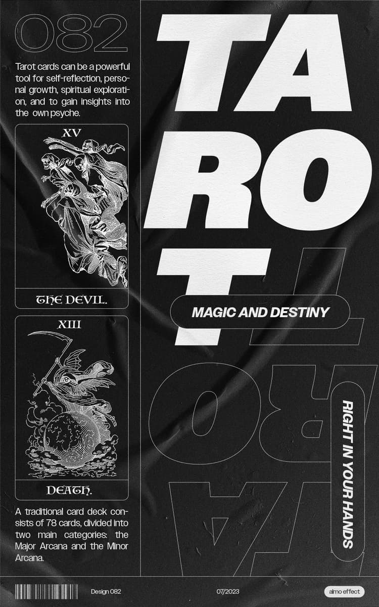 On a pasted poster with smaller folds is first written in large letters 'TAROT', the word going over several lines and repeated simultaneously on the head below. To the left of this, in a separate side panel, is the number '082', as well as two stylized tarot cards, Death and the Devil. Below that is a footer titled 'ALMO EFFECT' and several explanatory texts about tarot cards.