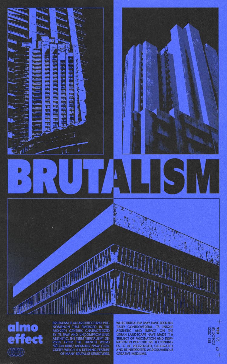 On a black paper canvas three image of concrete brutalism buildings are shown in a treshold effect. In the middle of all the text ‘BRUTALISM’ is shown. On the bottom ‘ALMO EFFECT’ is written in the left and two columns with text about brutalism in architecture and pop culture is given.