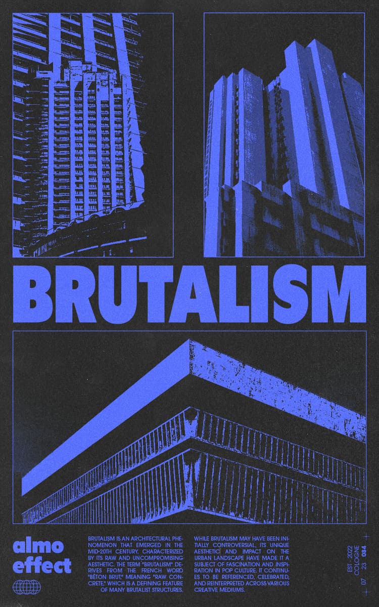 On a black paper canvas three image of concrete brutalism buildings are shown in a treshold effect. In the middle of all the text ‘BRUTALISM’ is shown. On the bottom ‘ALMO EFFECT’ is written in the left and two columns with text about brutalism in architecture and pop culture is given.