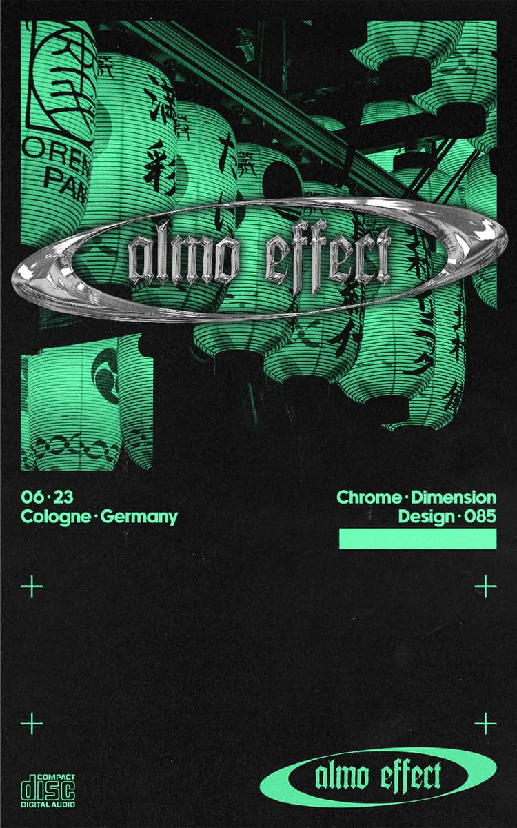 On a poster canvas the half of the image is presented by a monochrome green image of japan lights hanging from a roof. The lower half shows the text ‘06/23 Cologne, Germany’ as well as ‘Chrome Dimension, Design 085` on the left and right of the monochrome image and a logo with ‘ALMO EFFECT’ in a asymmetric circle. The same logo is rendered in 3D and a chrome in effect on top of the image and is spinning from left to right.