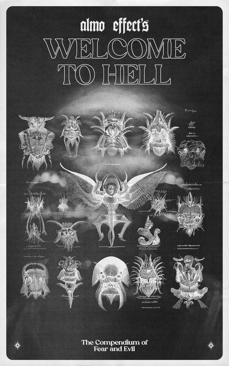 Inside a white thin frame, a black canvas is shown in which a blurred screaming person can be seen. Above that a encyclopedia-like listing of different demons and monsters from hell is shown, all held in a scientific drawing style. On the upper side ‘almo effects Welcome to Hell` is presented. On the bottom side ‘The compendium of fear and evil’ is written.