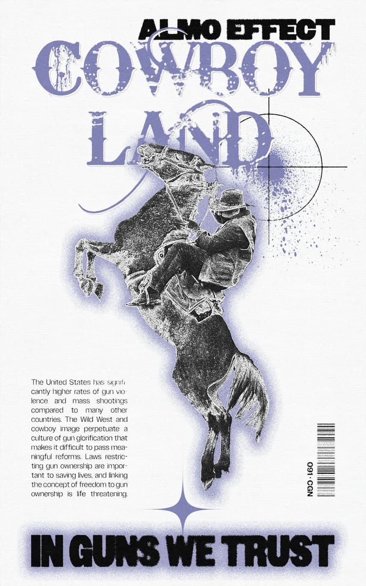 In the middle of the image a standing horse with a cowboy is presented above a white canvas. On top the phrase ‘ALMO EFFECTS Cowboy Land’ is written in a oldschool salon like font. On the bottom the text ‘In guns we trust’ is shown. Beneath the title a simplified crosshair is drawn, the same one is shown much bigger in the left bottom corner of the image. Everything has a quite grungy effect applied.