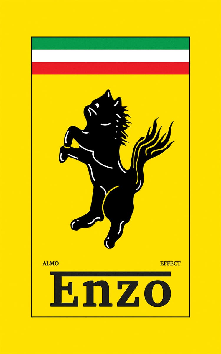 On a yellow canvas a smaller area in the middle is sourrounded by a thin black line. On top of this area there are a green, a white and a red bar which somehow form something which looks like italian flag. Below that a cat in black and white is shown. The cat is somehow dancing or standing on its two legs and is holding its arms in front of it, but with the paws directing towards the bottom of the image. Below that in black letters ‘Enzo’ is written, as well as the words ‘ALMO’ and ‘EFFECT’ a little bit smaller on the sides of the main word.