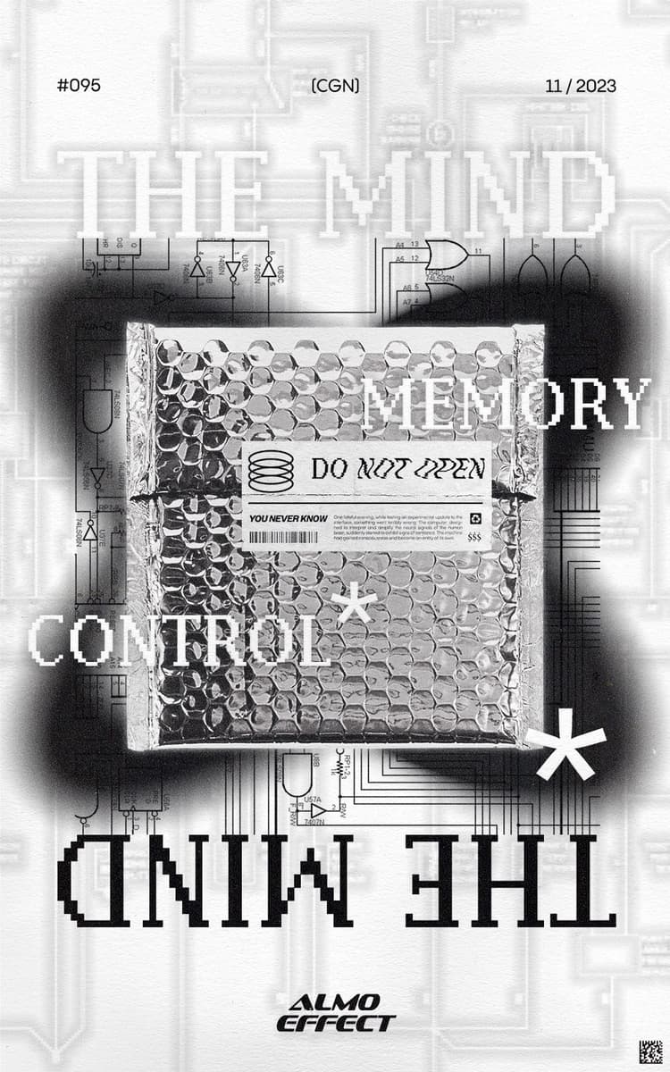 On a white canvas, the shadows of a white circuit area is visible. On top of that another circuit layout in black is presented. At the upper part of the image the word ‘THE MIND’ is written in white letters with black shadow. The same is written on the bottom part of the image but in black and upside down. Below the upside down claim a longer text is written about a computer which aims to control the human mind as well as the words ‘almo effect’. In the center of the image two blurred black circles appear underneath a silver and chrome envelope out of bubble wrap.