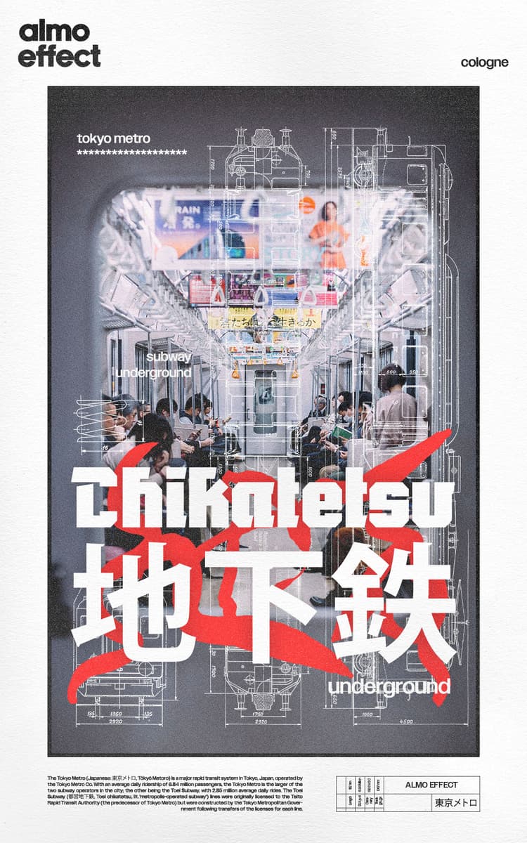 A view throughout a subway window into the next passenger wagon is framed in a bold white border. Above the image bleuprint of the sight, top, and front of a train is shown. Above that are big white letters which say ‘Chikatetsu’ in latin and japanese letters.
Inside the white border a info text and chart about the tokyo metro is given as well as ‘ALMO EFFECT’ written on the top left and bottom right.