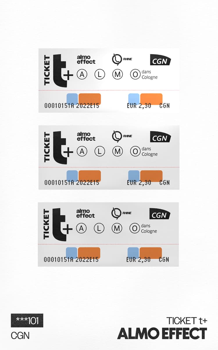 On a white background three copies of a subway ticket are shown. The subway ticket is wide and not very high and have different symbols on it. In some ways it is a reminiscence of a subway ticket used by a big city in central europe. Underneath the three tickets the word “ALMO EFFECT” is written in big letters as well as “TICKET t+”. There is also a text snippet placed which originates cologne as the place where this artwork is made.