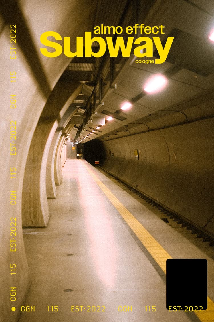 Viewing from the side of a train station platform alongside a long tunnel in the dark. Guiding Lights appear in from of neon lights all along the viewers direction. On top of that a claims says ‘almo effect SUBWAY cologne’ and on the left and bottom side pixelated text lines appear all across the image.