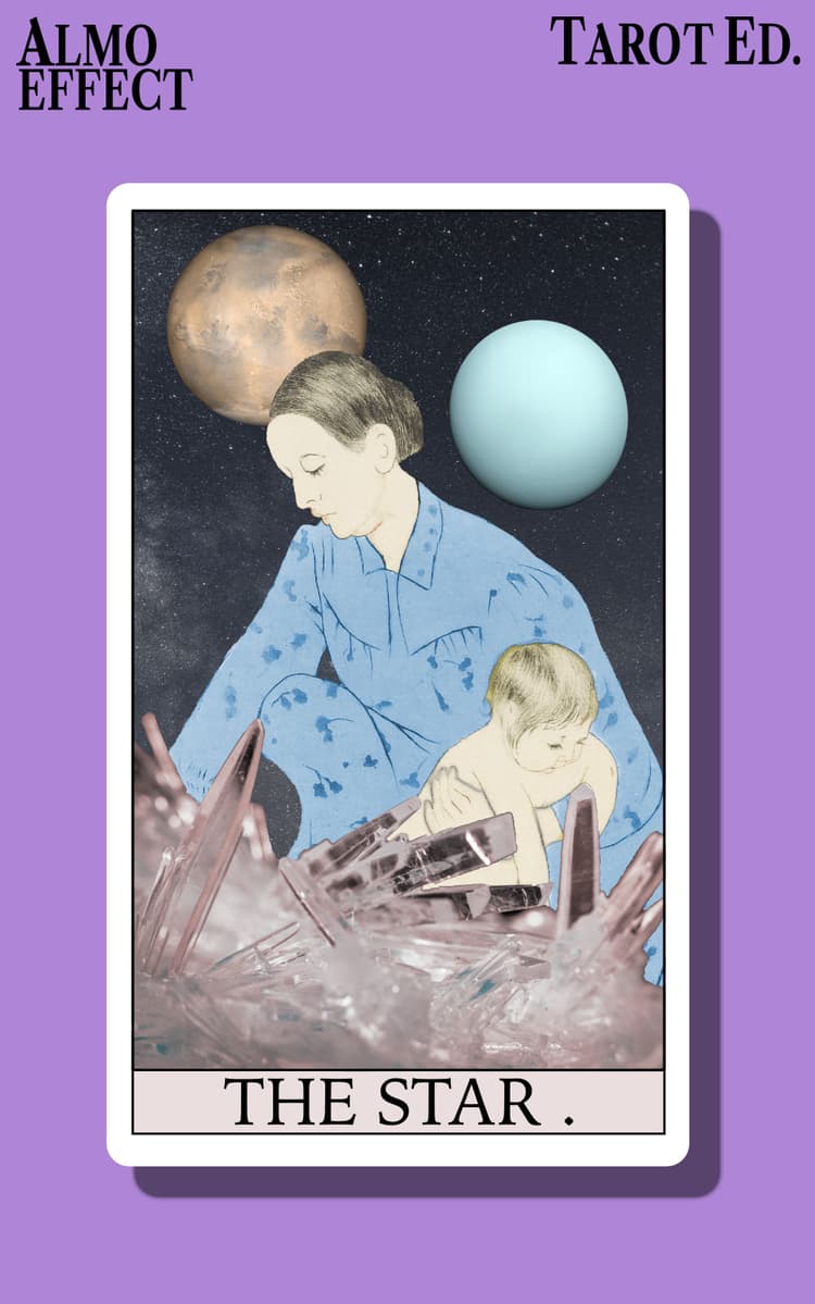 The 'The Star.' tarot card is shown with the text below and an image of a woman holding a baby beneath a rose quartz crystal and in front of the space with two planets above her head