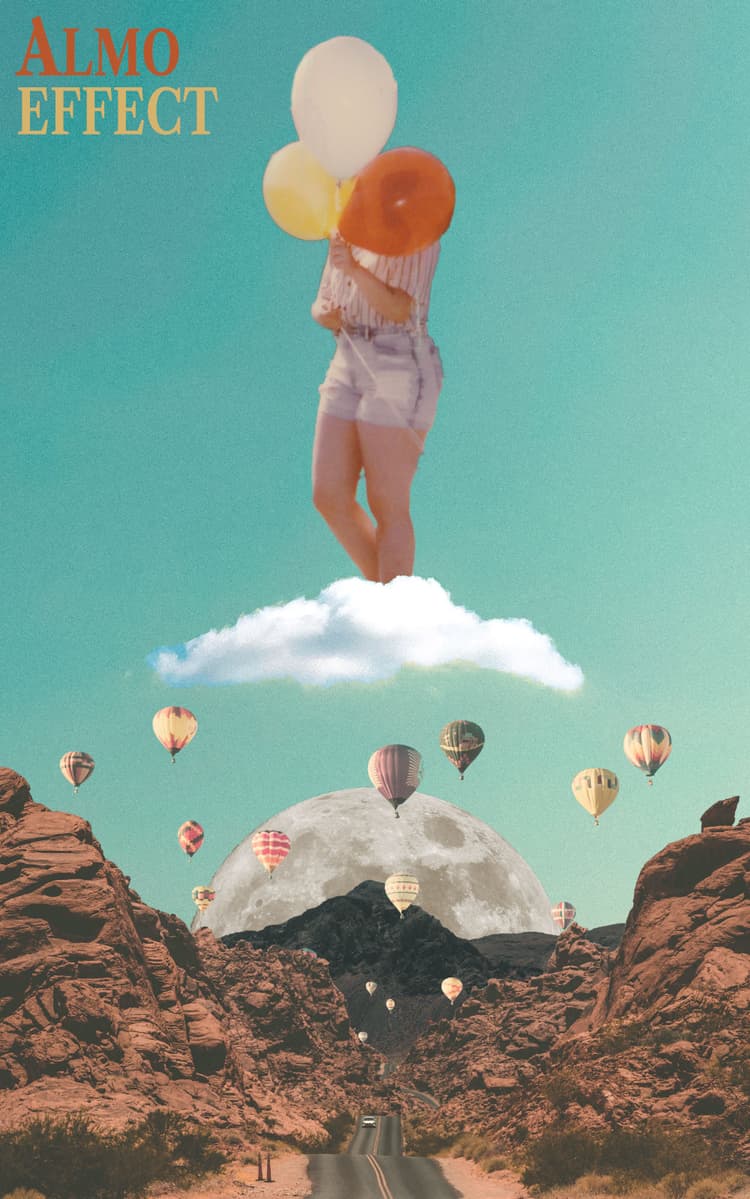 A woman with three balloons in front of her face stands into a cloud. Below her a road into the mountains is shown. The moon is rising behind these mountains and air balloons are flying high.