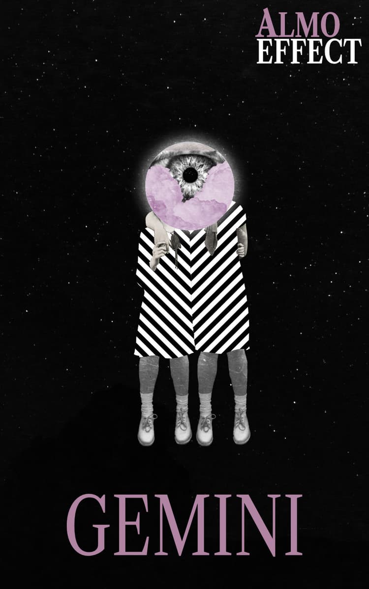 Two girls arm in arm standing in space. The head of the girls is a circle with clouds and an eye. Underneath 'Gemini' is written. In the upper right corner 'Almo Effect' is shown.