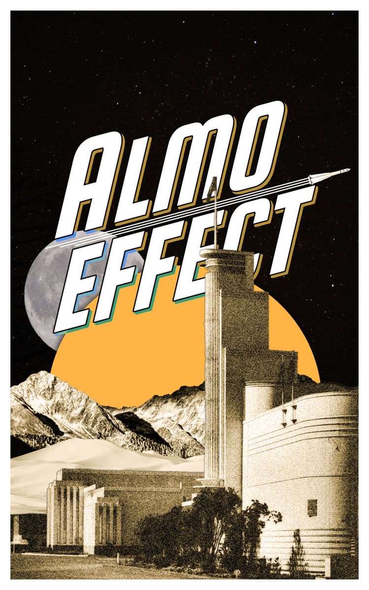 A factory in space in light yellow in front of a mountain and a dessert. Behind it is a yellow circle or planet and the moon. Above a rocket is flying through the text 'ALMO EFFECT'.