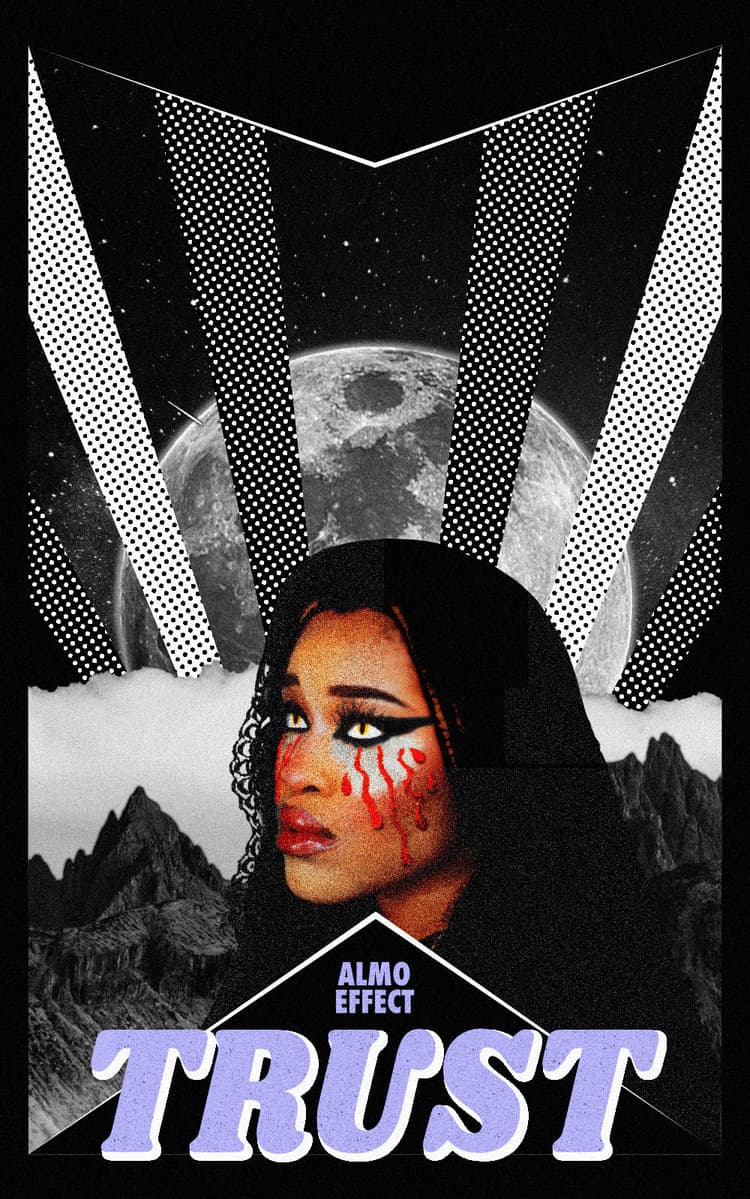 A woman with snake eyes, a cape and bloody tears is in front of a cloudy mountain and the moon shown with spots. Below the text 'AMO EFFECT' and 'TRUST' are written.